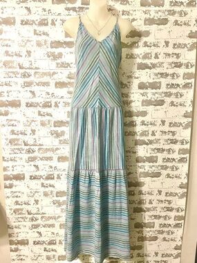 Self Contrast Sun Washed Striped Maxi Dress M NWT Tiered Blue Pink Boho Tall
